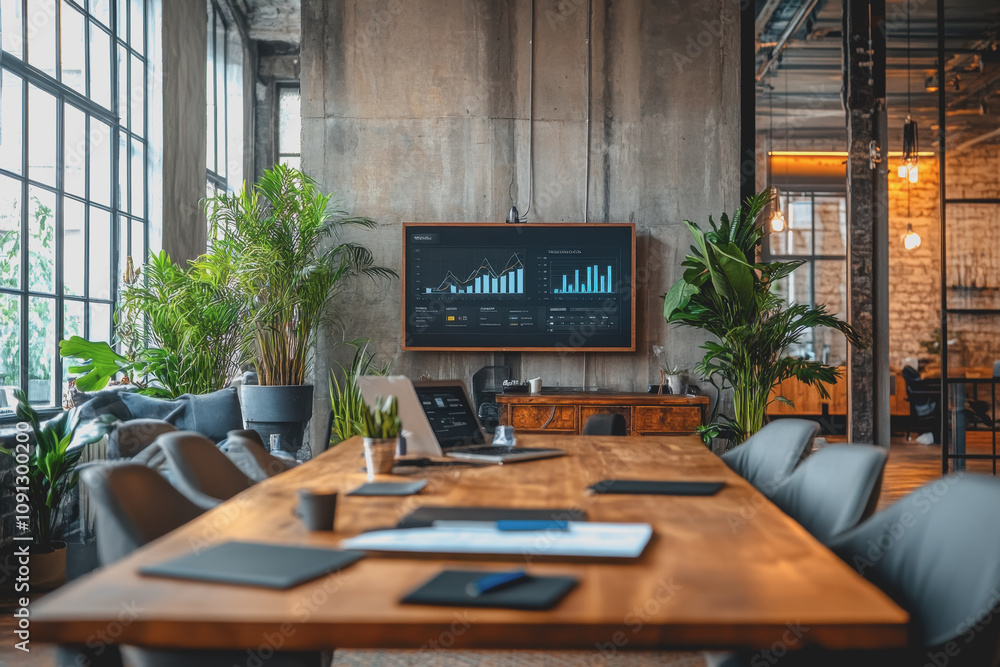 Aufkleber modern office setting with growth graph on screen illustrating sales data and business performance i