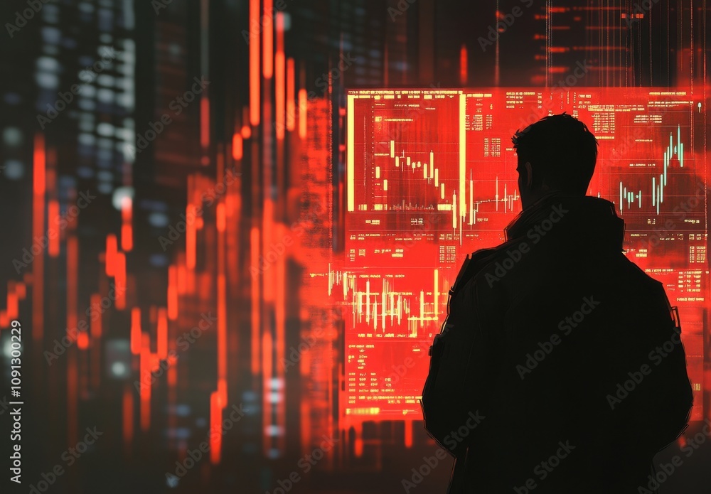 Poster professional trader analyzing stock market data on a large screen with red indicators, reflecting te
