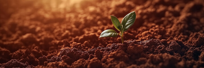 Tender green sapling growing in rich soil, illuminated by soft morning sunlight. A close-up shot symbolizing life, growth, and hope in nature's gentle embrace.