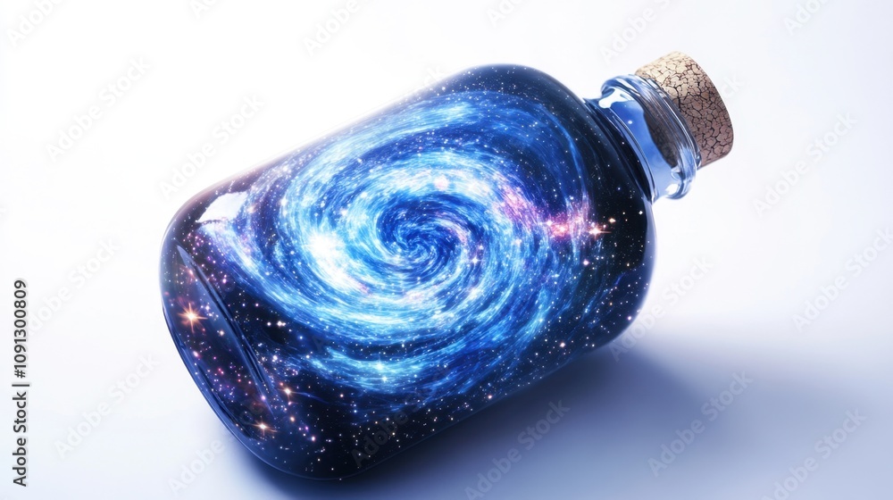 Aufkleber cosmic elixir - glass bottle with swirling digital galaxy pattern on white background
