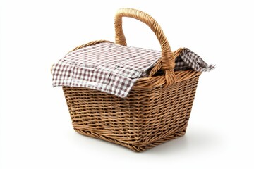 Fototapeta premium Wicker picnic basket, checkered cloth.