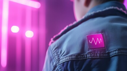Naklejka premium biometric sensor patch concept, A person wearing a denim jacket with a pink graphic on the back, illuminated by colorful neon lights in a modern setting.