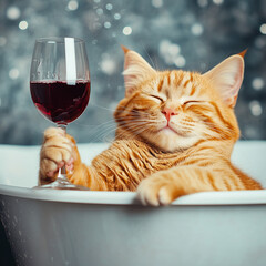 Redhead happy cat with a glass of wine. Animal relaxing in the bathtub holding wine. Celebration, holiday concept