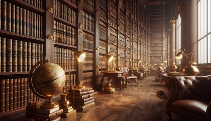 A timeless theme inspired by grand libraries. Rows of antique wooden bookshelves filled with leather-bound books, golden reading lamps, and vintage globes. 