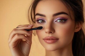 Fototapeta premium Beautiful young girl with natural nude make-up with cosmetics oil in hands Beauty face