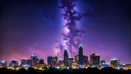 Austin skyline in silhouette with a milky way galaxy glowing in vibrant purples and blues, Ai Generated