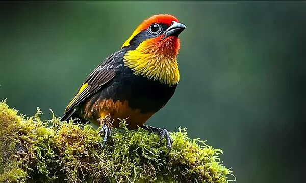 Flame-faced Tanager perched on a moss-covered branch in the lush forests of Mindo, Ecuador. A stunning birdwatching moment in South America&rsquo;s vibrant wildlife.