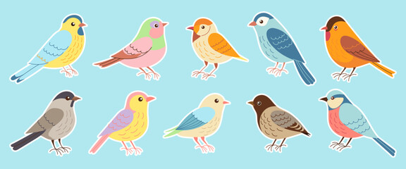 Fototapeta premium A set of colorful birds with different colors and sizes. The birds are arranged in a row, with some standing closer to the left side and others towards the right side. Scene is cheerful and lively