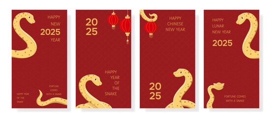 Set of Chinese New Year cards for festive posts and stories. Social media templates for New Year 2025. Holiday background for greeting card, invitation. Vector illustrations in red and gold colors