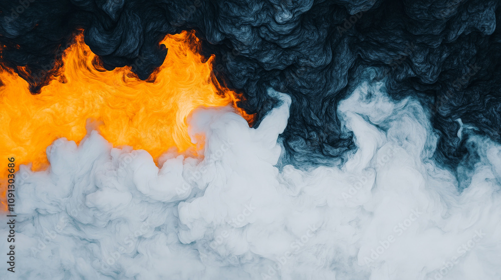 Poster fiery contrast: abstract art featuring a dramatic clash of fire and smoke, creating a visually strik