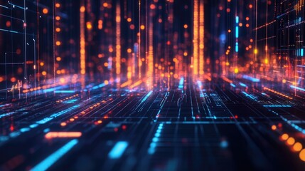 Fototapeta premium Vibrant visualization of data analytics featuring intricate charts and graphs illuminated with bright orange and blue lights, showcasing dynamic metrics and insights.