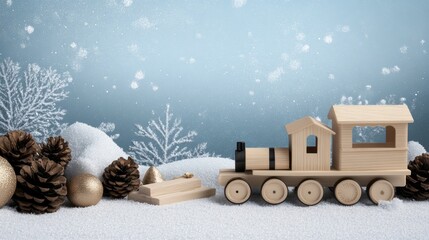 Toy train with wooden car and pine cones, a nostalgic christmas decoration for festive holiday decor