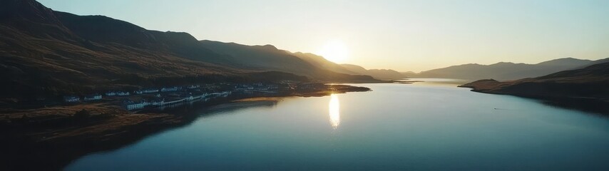 Fototapeta premium Serene Aerial View of a Calm Lake Surrounded by Majestic Mountains at Sunset with a Reflective Surface and Warm Golden Hues in the Sky