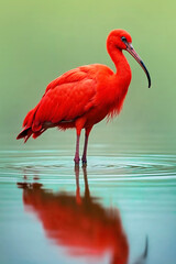Scarlet ibis standing in calm azure lake water, showcasing its vivid red plumage and long curved beak with a soft, blurred background. Perfect for nature posters, eco campaigns, wildlife materials.