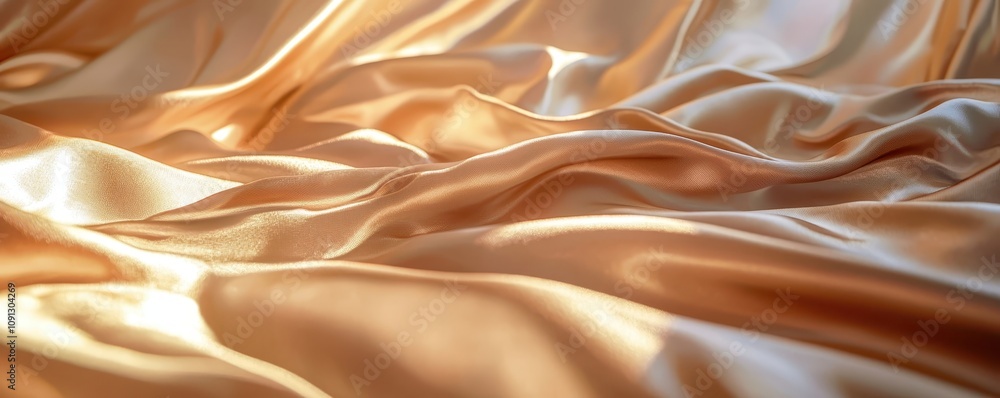 Poster a close-up of luxurious, flowing satin fabric in soft golden hues, creating an elegant and smooth vi