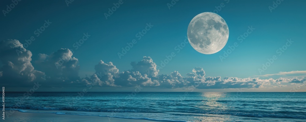 Poster a serene night scene featuring a large moon illuminating a calm ocean, with clouds softly reflecting