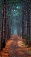 Obraz premium Misty forest path through tall pine trees.