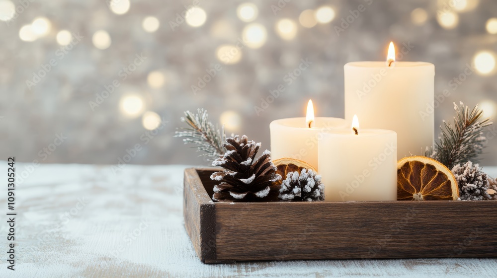 Poster rustic wooden tray display with two glowing candles and pine cones, creating a warm inviting winter 