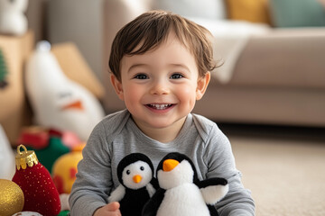 portrait of a little boy, kid with a toy in a cozy Christmas home. happily holding a penguin doll and Christmas decorations, Happy laugh. 