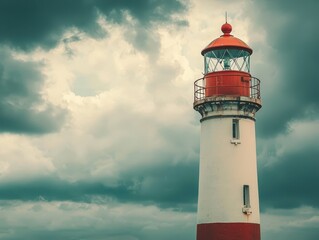 A tall lighthouse stands against a moody, cloudy sky, featuring a red top and a white base, symbolizing guidance and safety for passing ships.