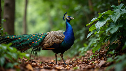A stunning male peacock displaying its vibrant feathers amidst a dense forest. Perfect for wildlife campaigns, educational publications, nature calendars, and decorative prints.