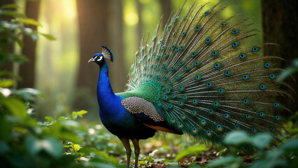 Obraz premium A male peacock walking gracefully in a forest with vibrant foliage. Ideal for wildlife campaigns, calendar designs, and home decor.