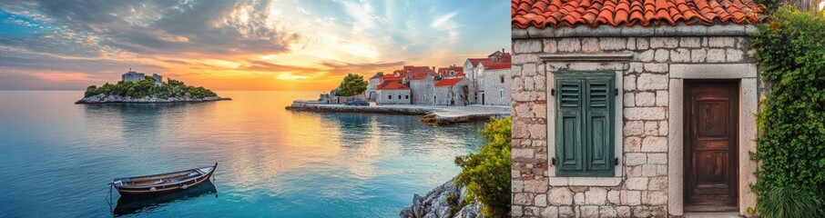 Obraz premium Serene Coastal Sunset with Charming Stone Houses and Calm Waters, Perfect for Travel and Nature Enthusiasts Capturing the Beauty of a Mediterranean Landscape