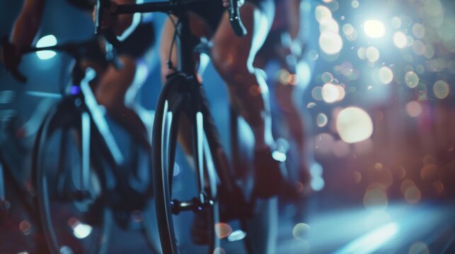 Blurred athletes pushing themselves to the limit in a dimly lit spin studio.