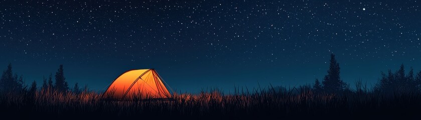 Fototapeta premium A glowing orange tent sits under a starry night sky, surrounded by silhouettes of trees and a peaceful wilderness landscape.
