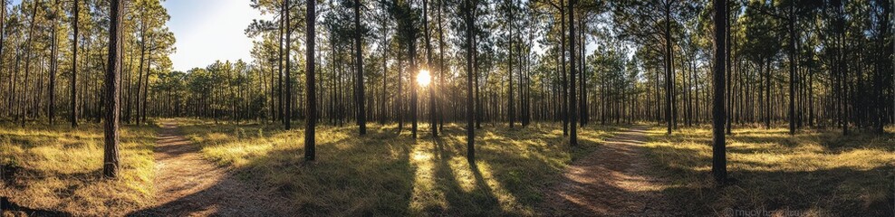 Obraz premium Serene Forest Landscape at Sunrise with Golden Light Filtering Through Tall Pine Trees in a Peaceful Natural Setting