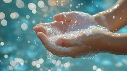 Fototapeta premium little kid hands wash with soap bubbles and rinse with clean water to prevent and stop the spread of germs after back to home, virus or covid19. Good health and good personal hygiene, virus, bacteria
