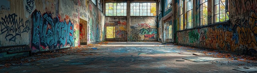 Naklejka premium An abandoned industrial space filled with colorful graffiti and debris, showcasing a blend of urban decay and artistic expression.