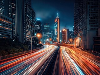 Fototapeta premium A vibrant cityscape at night, showcasing illuminated skyscrapers and streaks of light from moving vehicles on a busy road.