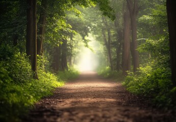 Obraz premium Serene Forest Pathway Surrounded by Lush Greenery and Soft Morning Light Illuminating a Tranquil Journey into the Heart of Nature