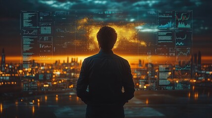 Silhouetted person viewing a futuristic data visualization of a city at night.