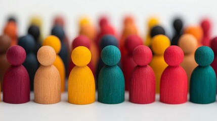 Naklejka premium Healthcare Consultants concept. Colorful wooden figures arranged closely, representing unity and diversity in a community or group setting.