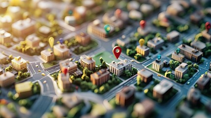 Aerial view of interconnected city blocks with location pins, highlighting logistics and urban planning.