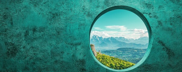 Fototapeta premium A circular window reveals a stunning view of mountains and valleys, framed by a textured teal wall, creating a peaceful and inviting ambiance.