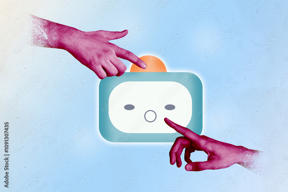 Poster composite photo collage of two hands index fingers reach together ai robot icon modern technology gp