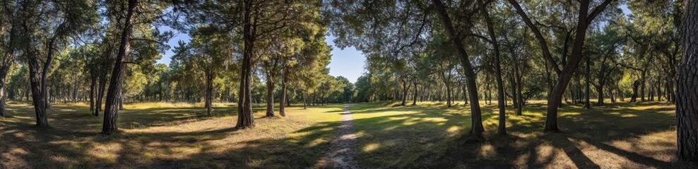 Obraz premium Serene Landscape of Lush Green Park Surrounded by Majestic Trees and Soft Sunshine Inviting Tranquility and Nature’s Beauty in a Peaceful Setting