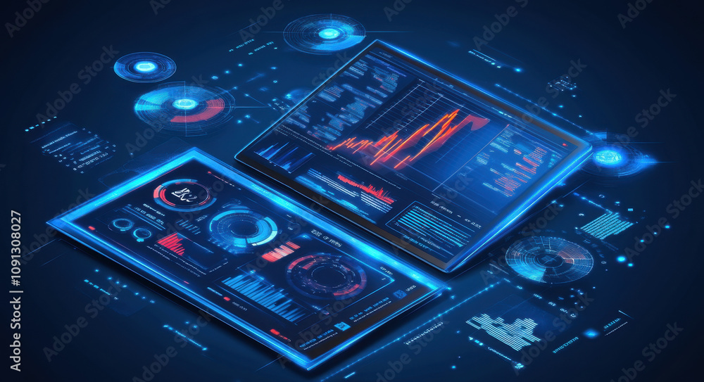 Poster futuristic digital financial analysis with a laptop and tablet displaying graphs, charts, and data v