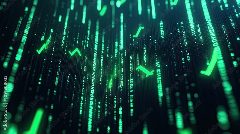 Aufkleber abstract green digital data stream with ascending and descending arrows