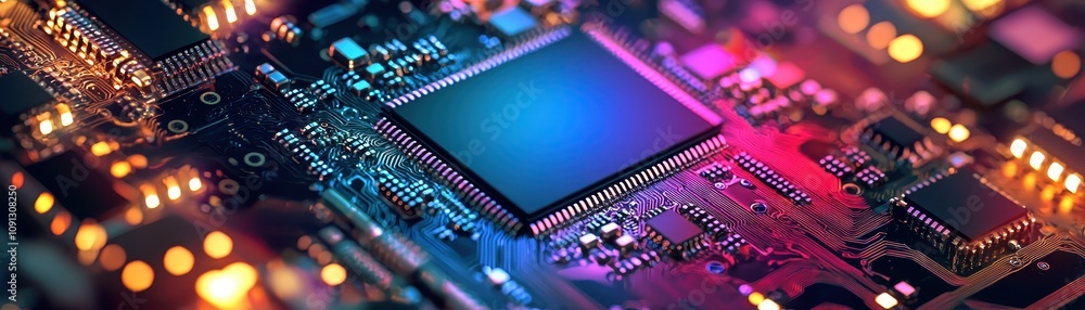 Poster a vibrant close-up of a microchip on a circuit board, showcasing colorful lights and intricate elect
