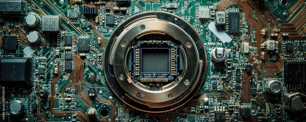 Poster a close-up view of a circuit board featuring intricate pathways, electrical components, and a centra