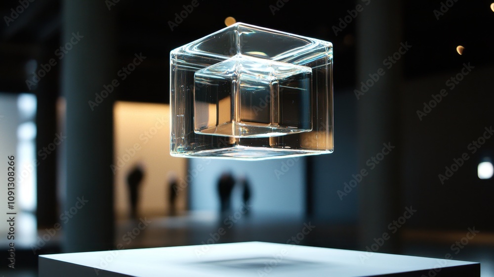 Poster futuristic levitating glass cube with dynamic internal reflections