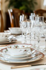 Fototapeta premium Elegant floral china, crystal glasses, formal table setting.