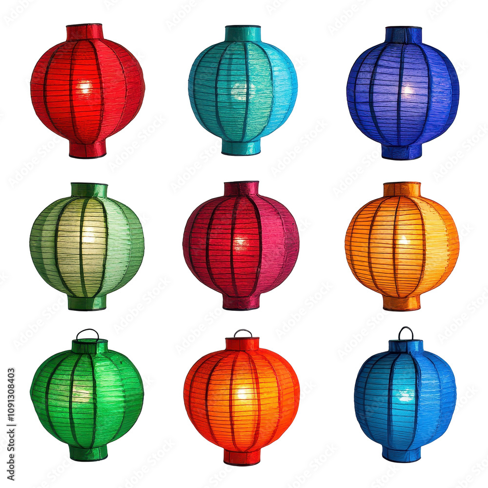 Poster colorful paper lanterns arranged in patterns. transparent background
