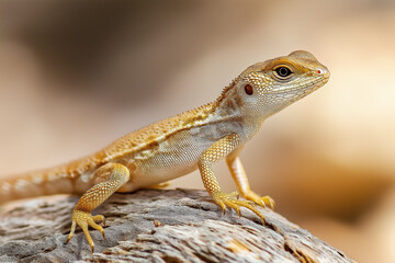 Obraz premium A close-up of a lizard basking on a rock under warm sunlight. Its textured scales and focused gaze highlight its adaptability and survival instincts in nature.
