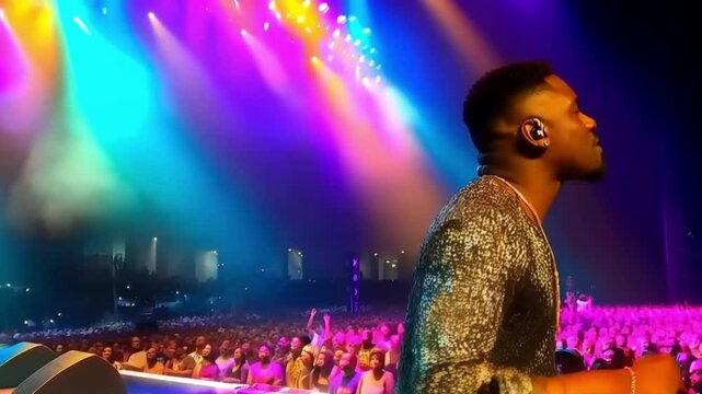 Ragazzo di colore dj su ambiente e luci colorate e variegati piazza