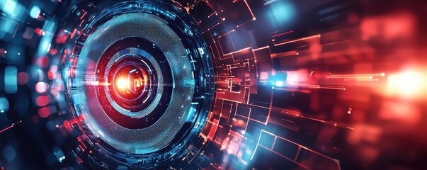 Obraz premium A futuristic digital landscape featuring vibrant blue and red lights, concentric circles, and a sense of depth, evoking technology and motion.